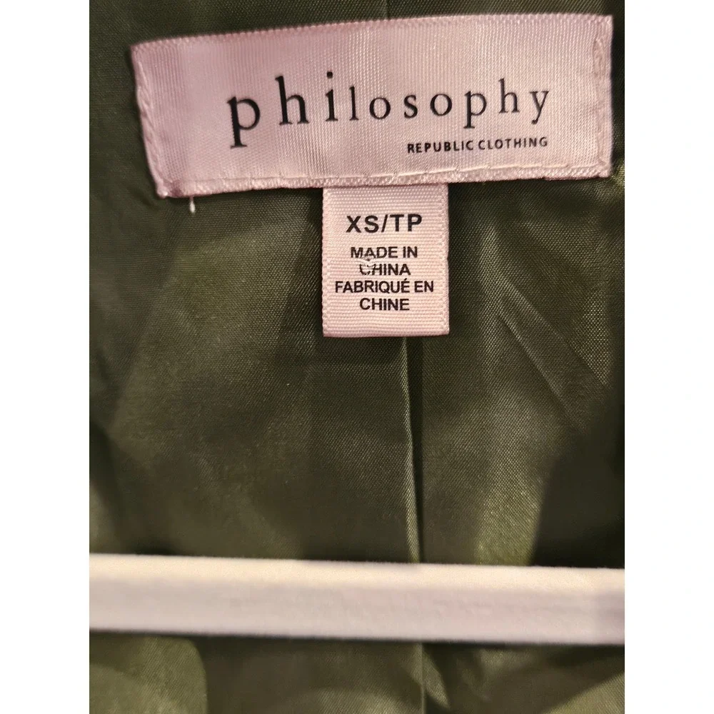 Retro Military Green Silky Long Line Blazer Roll Tab Sleeve Women XS Relaxed#450
